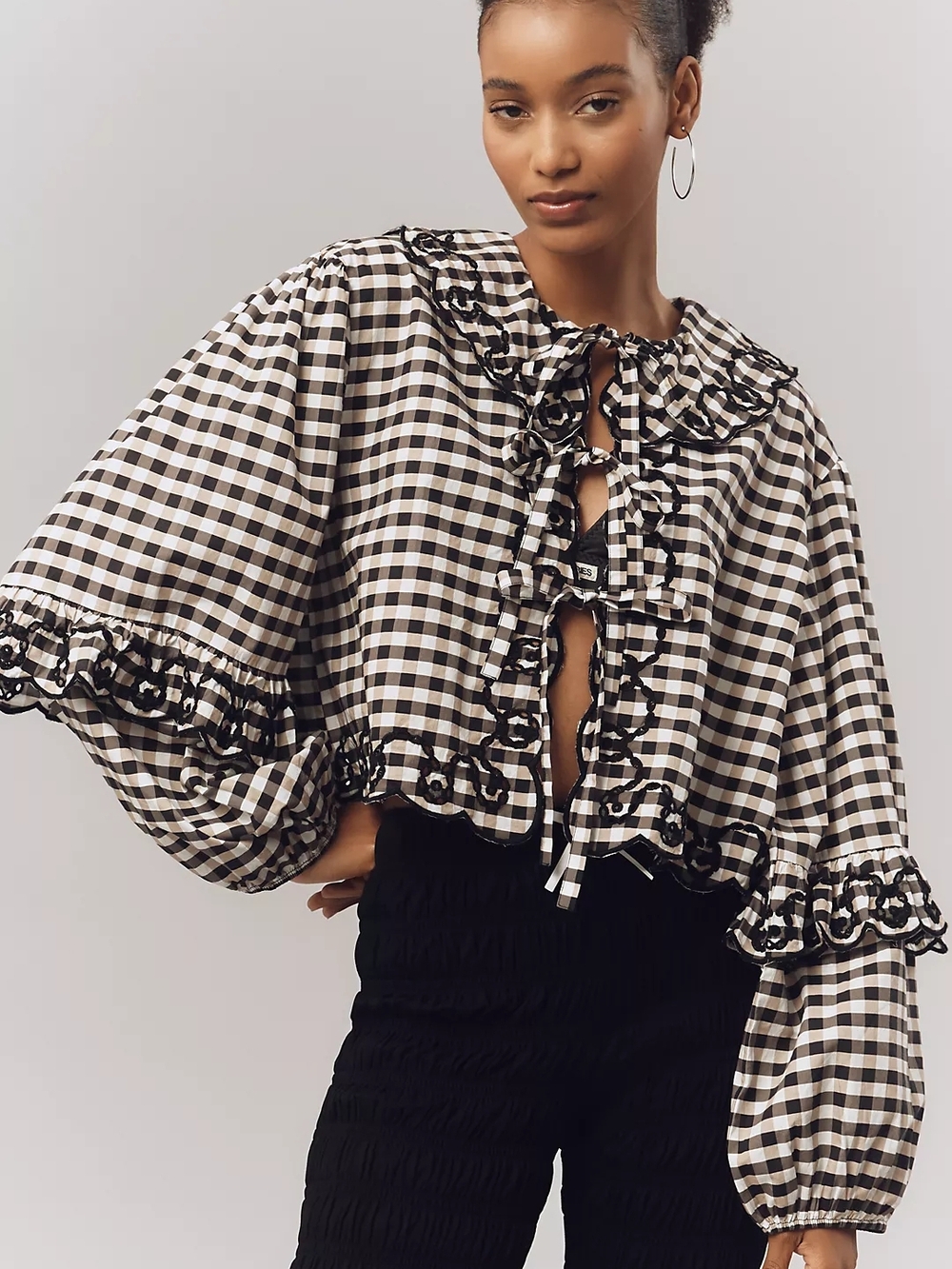 Maeve Anthropologie Long Sleeve Scallop Tie Front Blouse Gingham Cottage OS NWOT